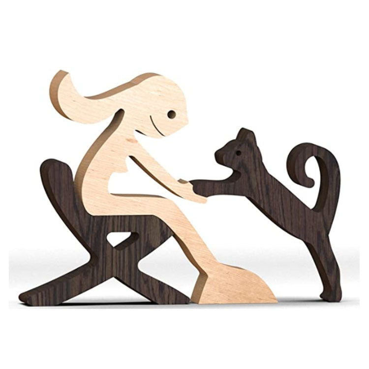 DIY Figurine Wood Dog Ornament Sculpture Home Decoration A Man A Dog Wood Sculpture Christmas Gifts Model Decor