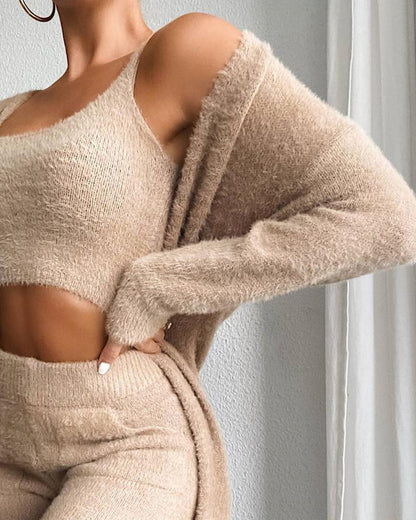 Women Fashion Solid Fluffy Plain Crop Top & Skinny Pants & Longline Coat Set Warm Cozy Suit Sets