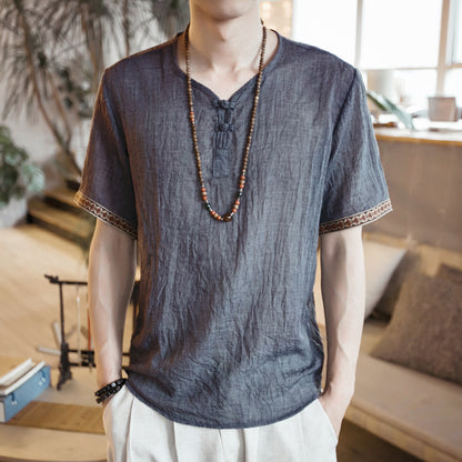 Chinese style embroidery buckle short sleeves Thin section linen casual large size short sleeve men's cotton and linen T-shirt