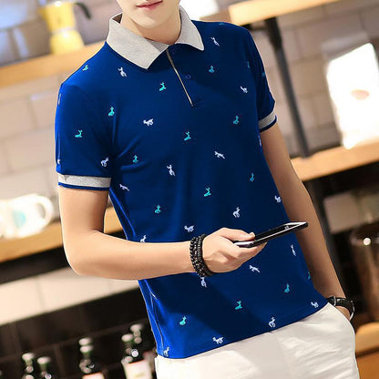 Short Sleeve T-shirt Men''s One Summer Men''s Thin Polo Shirt Fawn Print Lapel T-Shirt Large