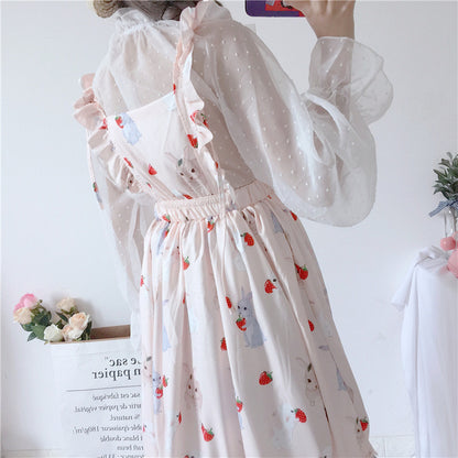 Summer Bunny Print Ruffled Waist Strap Dress