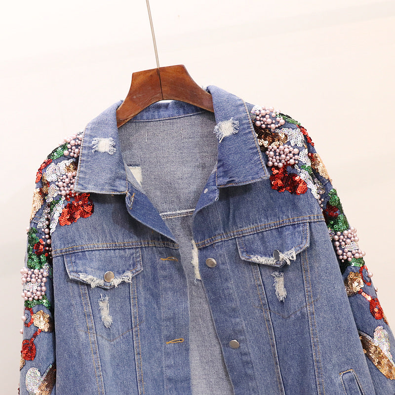 Loose Heavy Industry Embroidered Beaded Sequins Slimming Denim Jacket Women