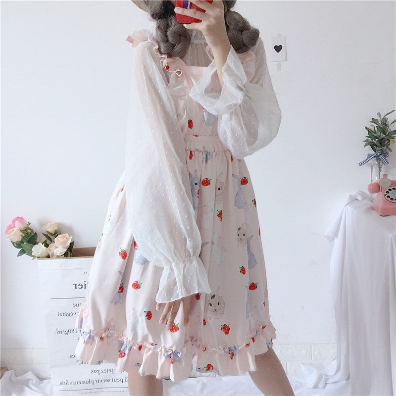 Summer Bunny Print Ruffled Waist Strap Dress