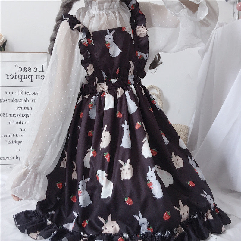 Summer Bunny Print Ruffled Waist Strap Dress