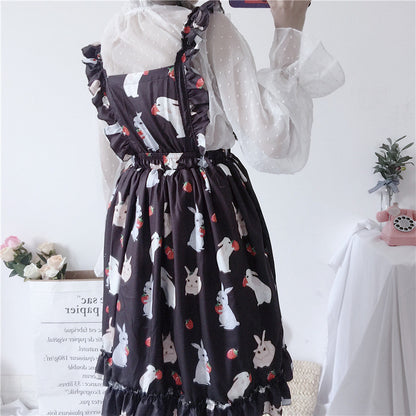 Summer Bunny Print Ruffled Waist Strap Dress