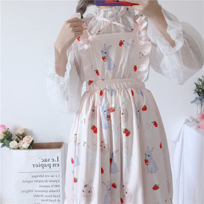 Summer Bunny Print Ruffled Waist Strap Dress