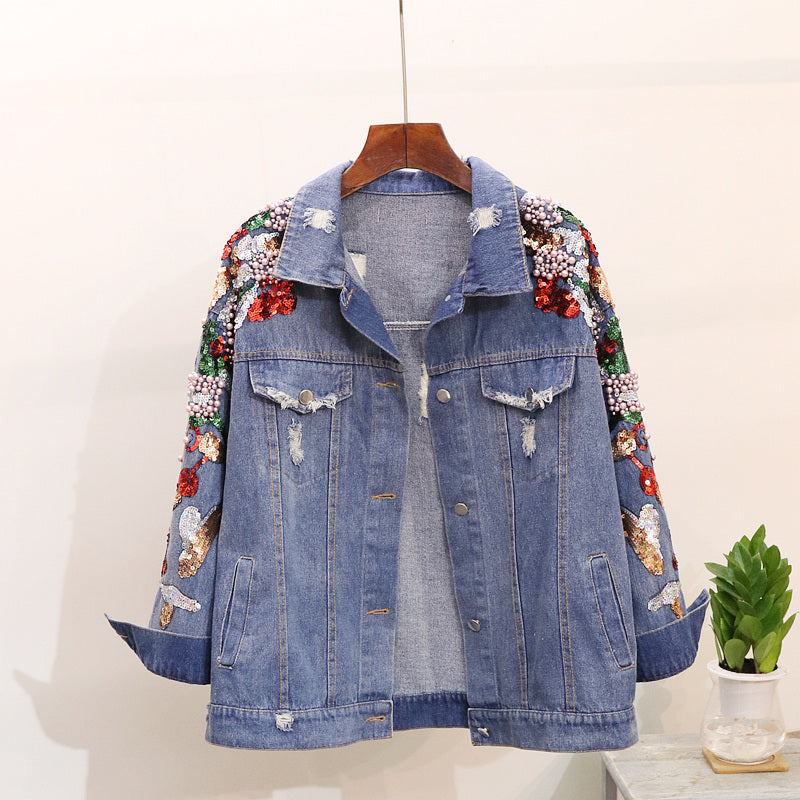 Loose Heavy Industry Embroidered Beaded Sequins Slimming Denim Jacket Women