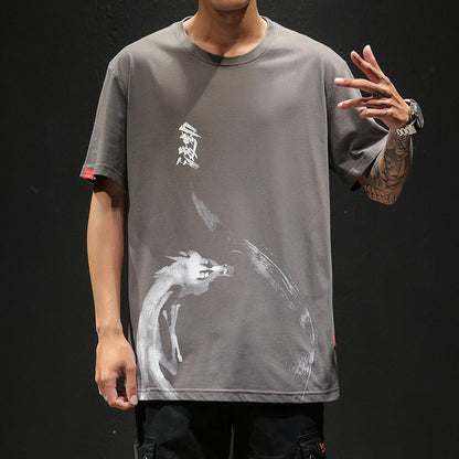 Men's loose T-shirt with ink printing