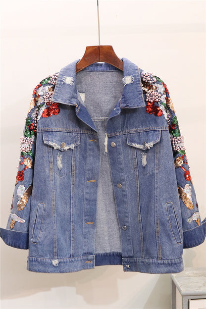 Loose Heavy Industry Embroidered Beaded Sequins Slimming Denim Jacket Women