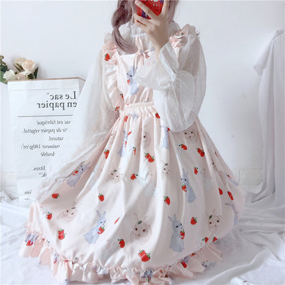 Summer Bunny Print Ruffled Waist Strap Dress