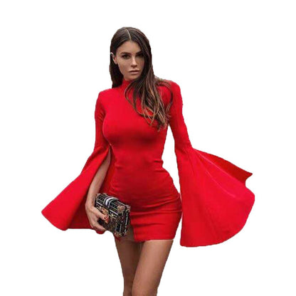 Color Turtleneck Vented Horn Sleeve Package Hip Women Dress