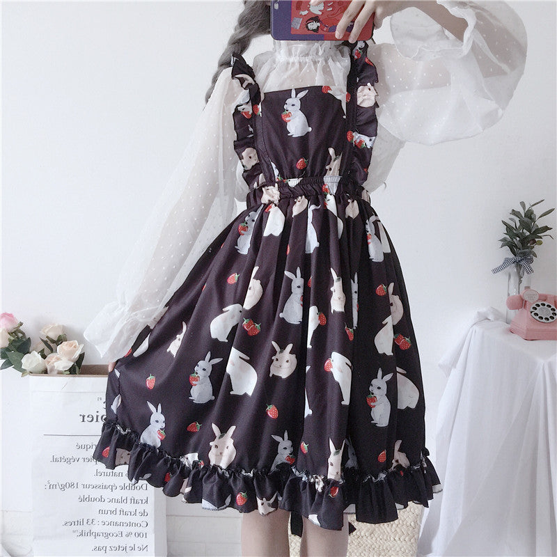 Summer Bunny Print Ruffled Waist Strap Dress