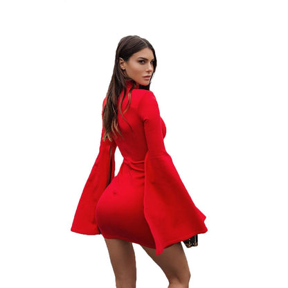 Color Turtleneck Vented Horn Sleeve Package Hip Women Dress