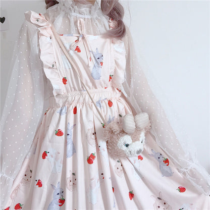 Summer Bunny Print Ruffled Waist Strap Dress