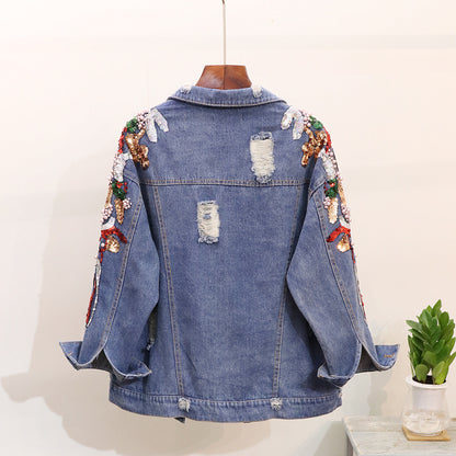 Loose Heavy Industry Embroidered Beaded Sequins Slimming Denim Jacket Women