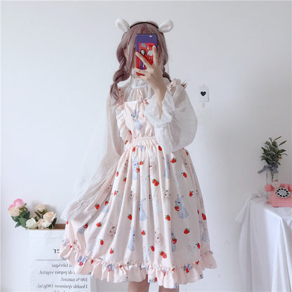 Summer Bunny Print Ruffled Waist Strap Dress